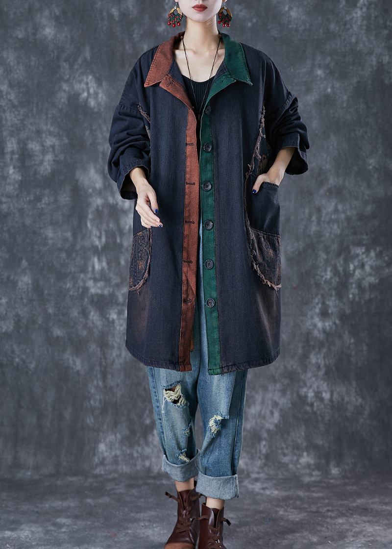 Edler Schwarzer Übergroßer Patchwork-denim-trenchcoat Für Den Herbst - Damen-Trenchcoats