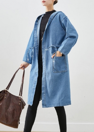 Einfache Blau Cinched Kapuze Taschen Denim Trenchcoat Herbst