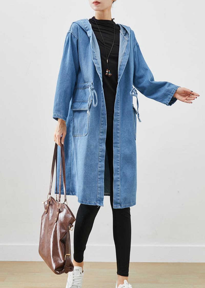 Einfache Blau Cinched Kapuze Taschen Denim Trenchcoat Herbst - Damen-Trenchcoats