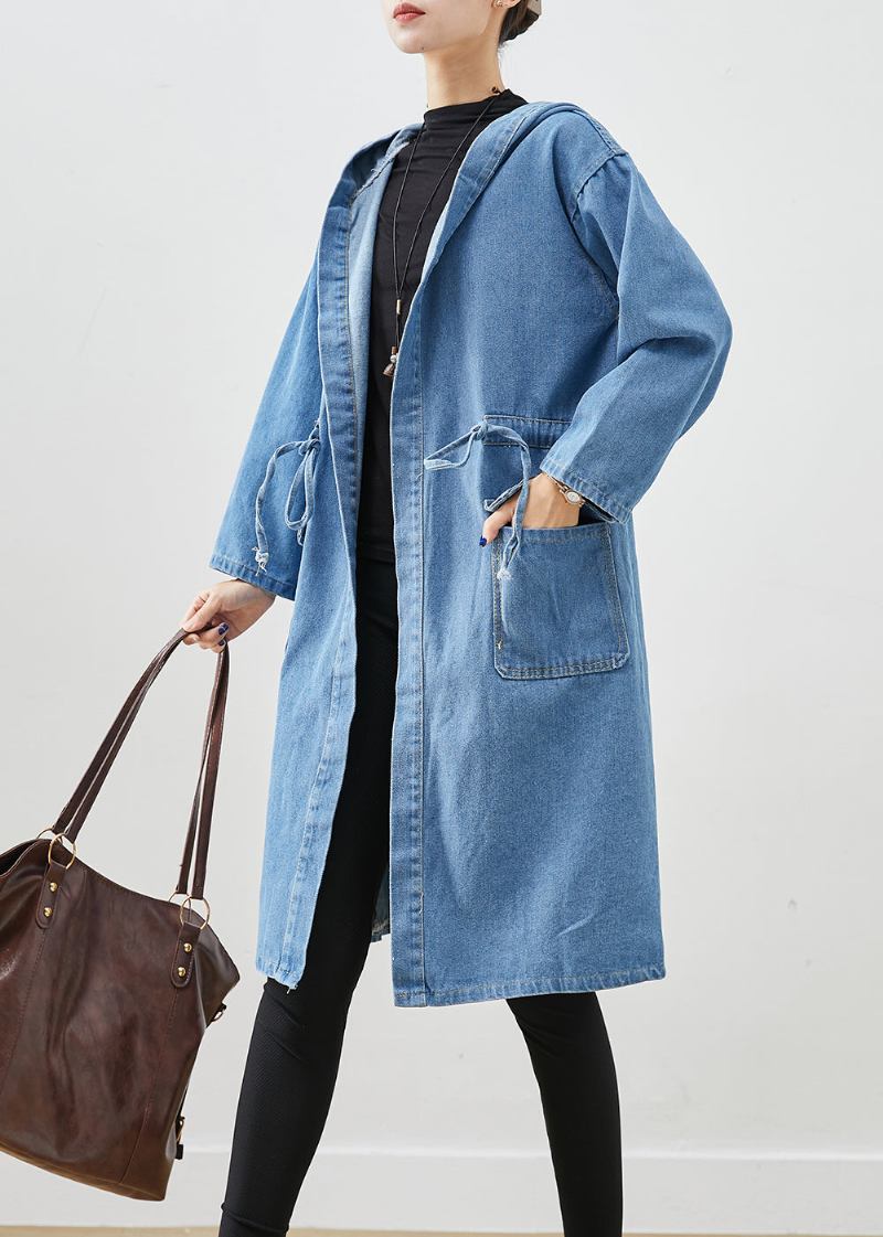 Einfache Blau Cinched Kapuze Taschen Denim Trenchcoat Herbst - Damen-Trenchcoats