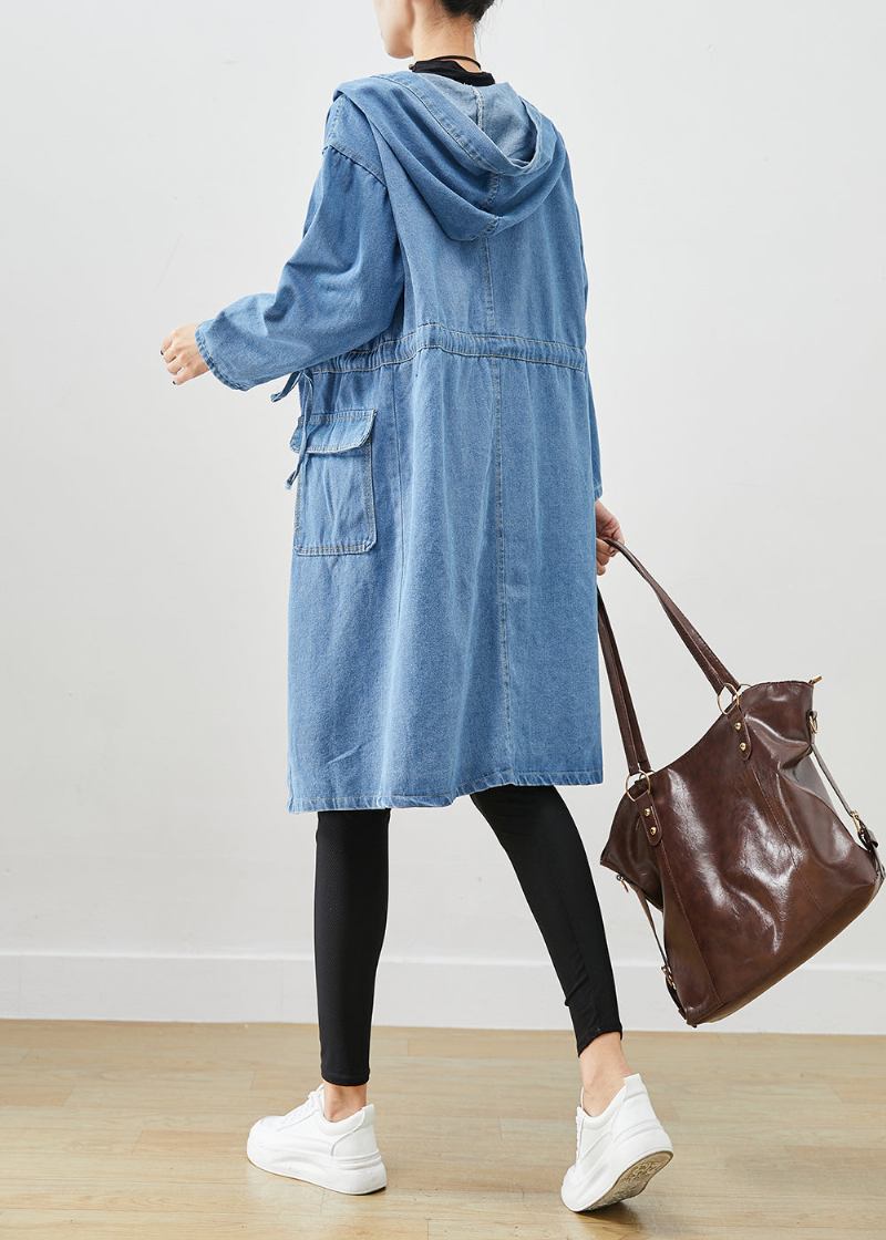 Einfache Blau Cinched Kapuze Taschen Denim Trenchcoat Herbst - Damen-Trenchcoats