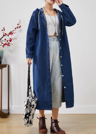 Einfache Blaue Kapuze Button Down Denim Trenchcoats Herbst