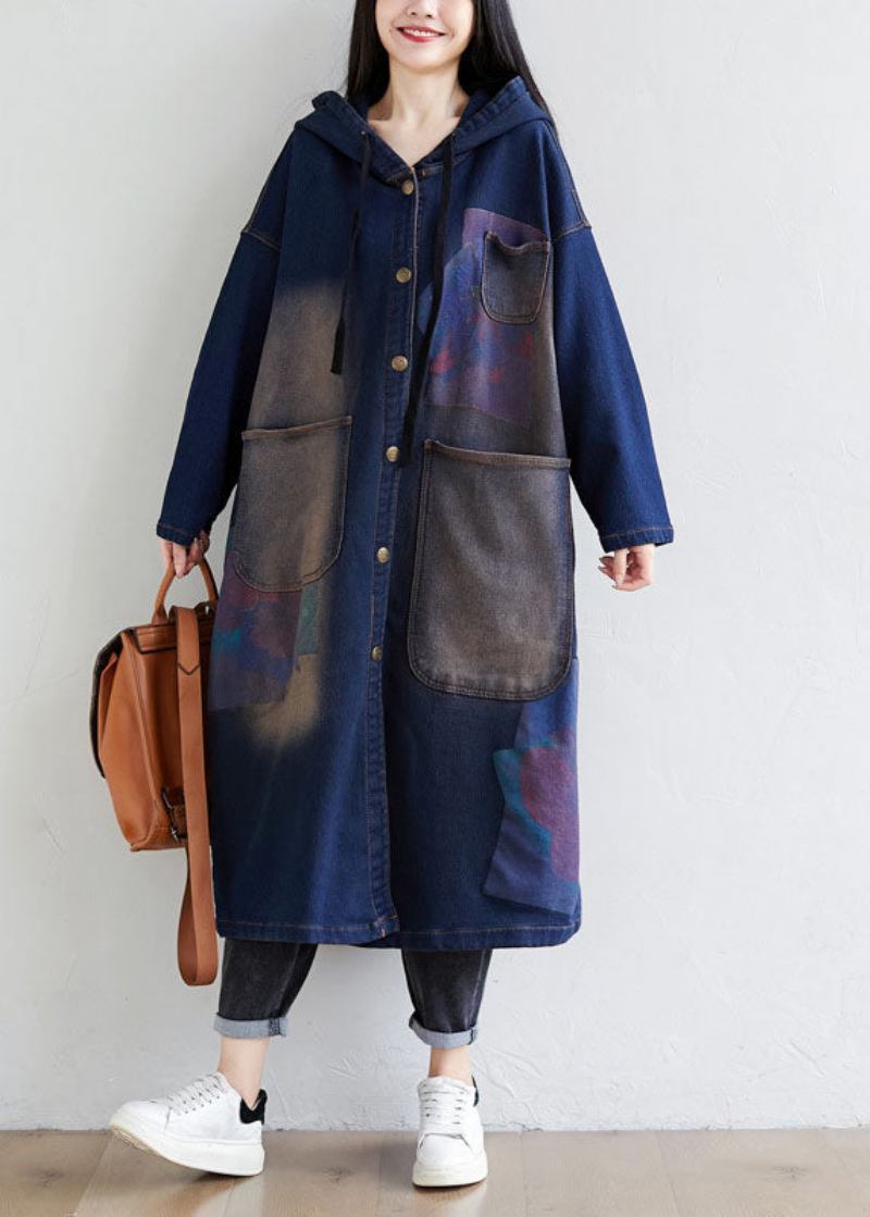 Einfache Dunkelblaue Kordelzug Kapuzentaschen Print Denim Trenchcoats Frühling