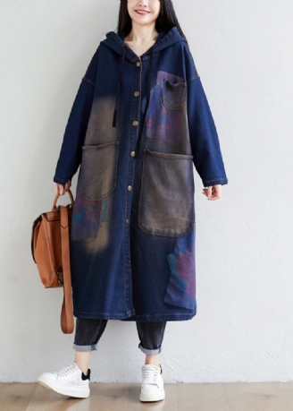 Einfache Dunkelblaue Kordelzug Kapuzentaschen Print Denim Trenchcoats Frühling