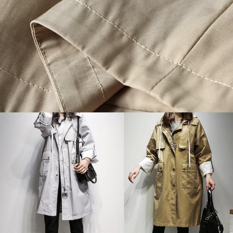 Einfache Kapuze Kordelzug Feine Mäntel Frauen Khaki Baumwolle - Damen-Trenchcoats