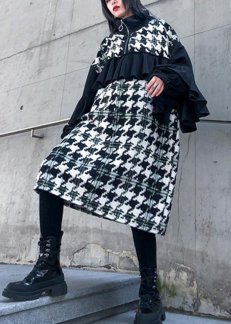 Einfache Patchwork Baumwollkleider Stehkragen Rüschen Kleider - Damen-Trenchcoats