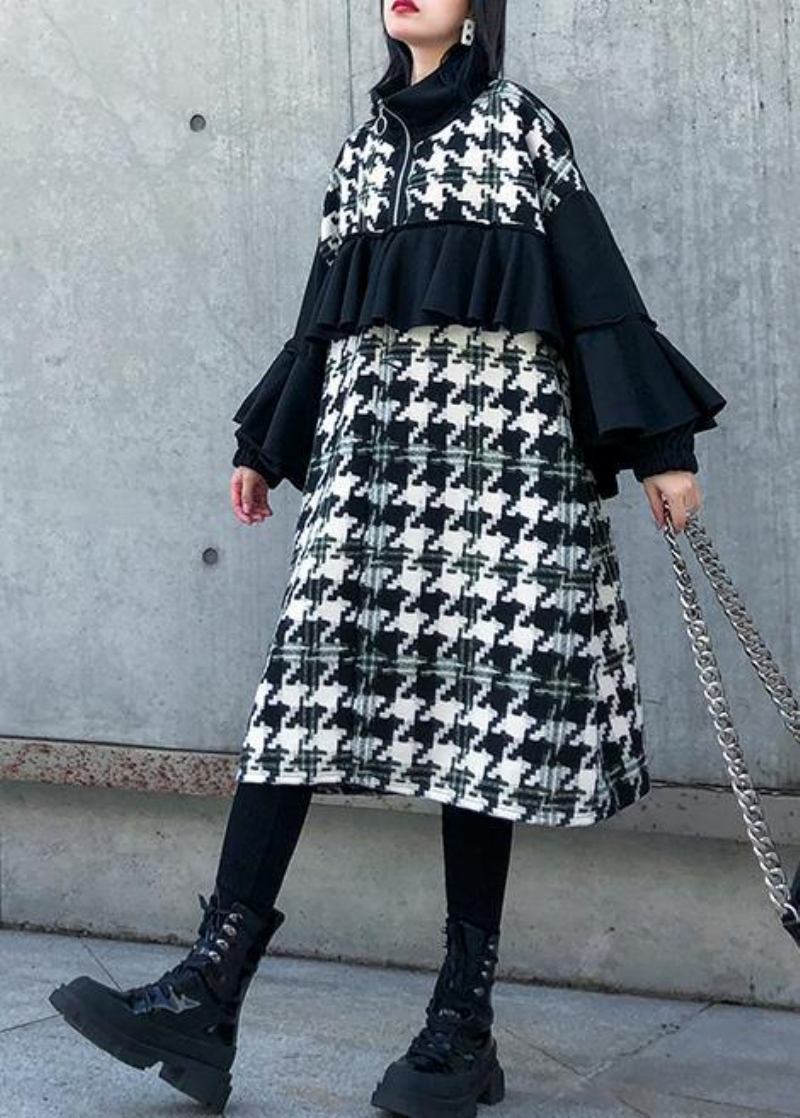 Einfache Patchwork Baumwollkleider Stehkragen Rüschen Kleider - Damen-Trenchcoats