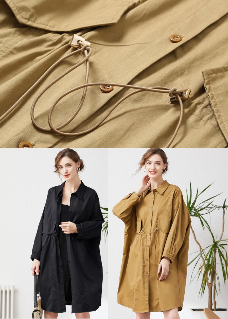 Einfache Schwarz Übergroßen Kordelzug Taschen Baumwolle Trenchcoat Frühling - Damen-Trenchcoats