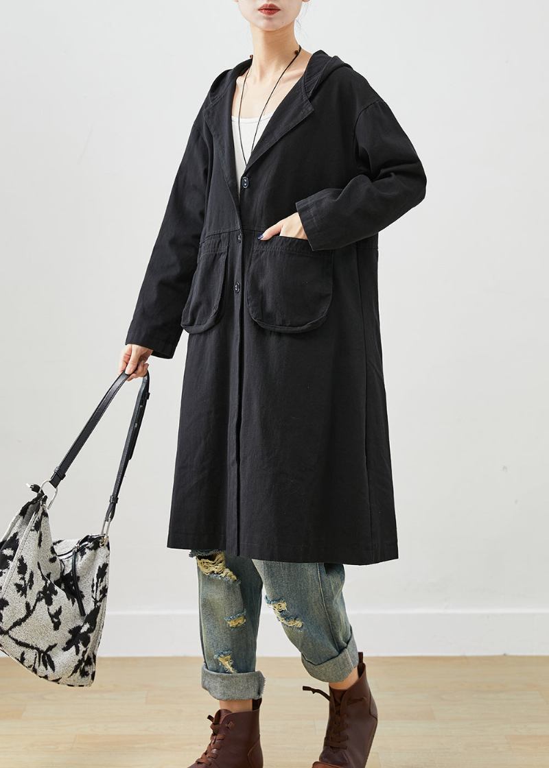 Einfache Schwarze Kapuzentaschen Baumwoll-trenchcoat Herbst