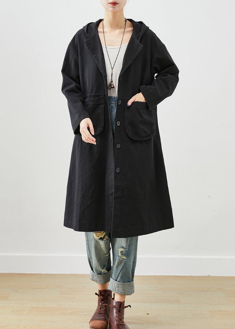 Einfache Schwarze Kapuzentaschen Baumwoll-trenchcoat Herbst - Damen-Trenchcoats