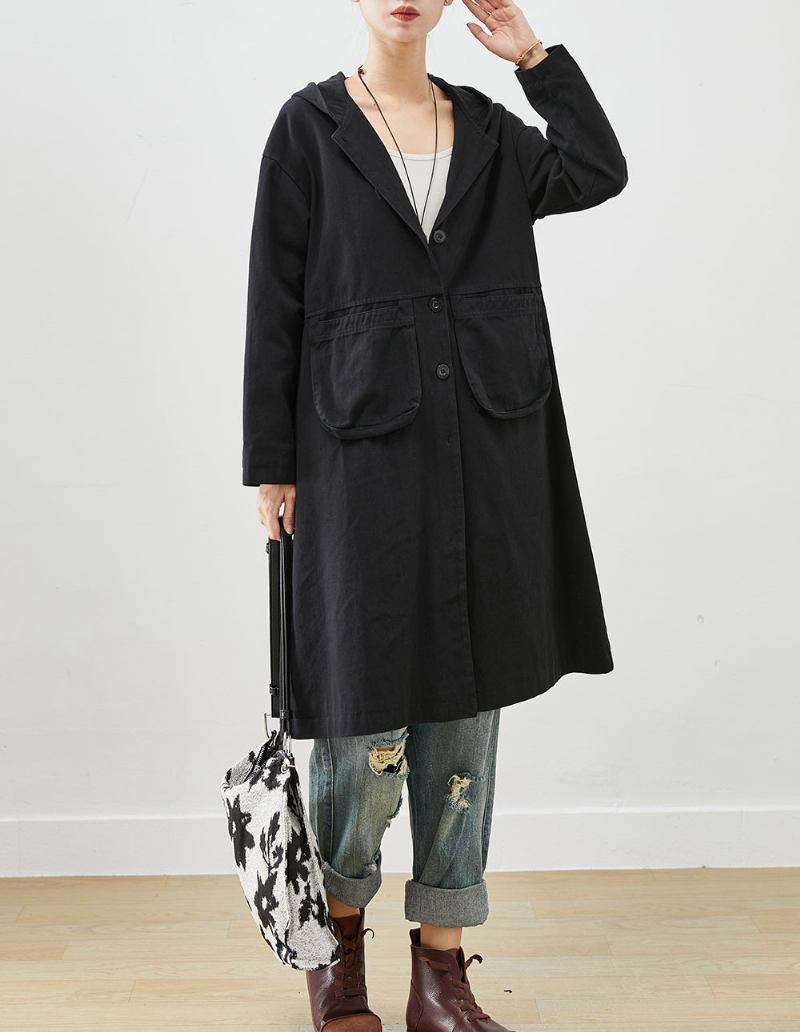 Einfache Schwarze Kapuzentaschen Baumwoll-trenchcoat Herbst - Damen-Trenchcoats