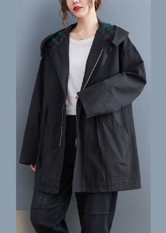 Einfache Schwarze Mode Casual Reißverschluss Herbst Kapuze Trenchcoats