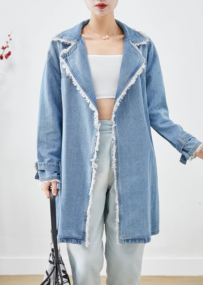 Einfacher Hellblauer Revers-jeans-trenchcoat Mit Quasten Für Den Herbst - Damen-Trenchcoats