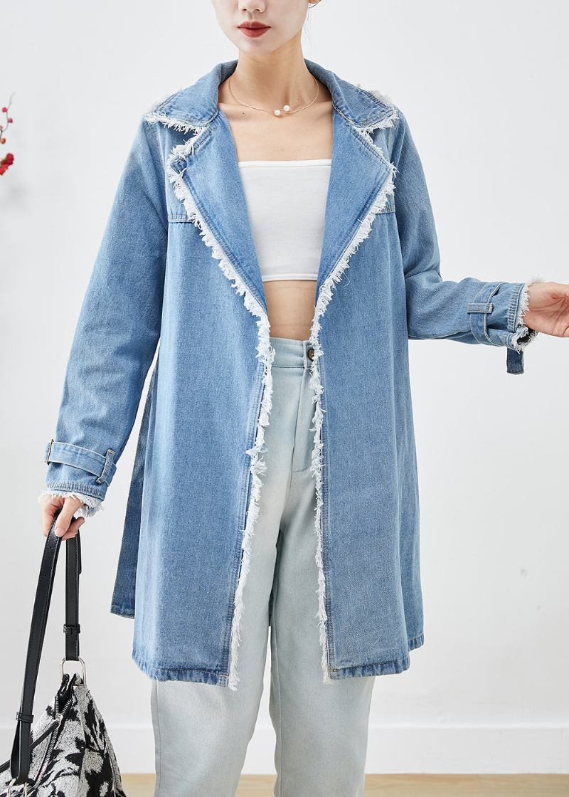 Einfacher Hellblauer Revers-jeans-trenchcoat Mit Quasten Für Den Herbst - Damen-Trenchcoats