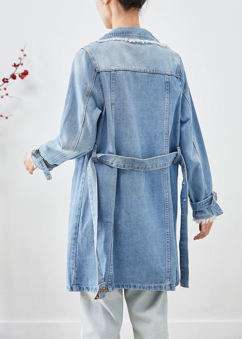 Einfacher Hellblauer Revers-jeans-trenchcoat Mit Quasten Für Den Herbst - Damen-Trenchcoats