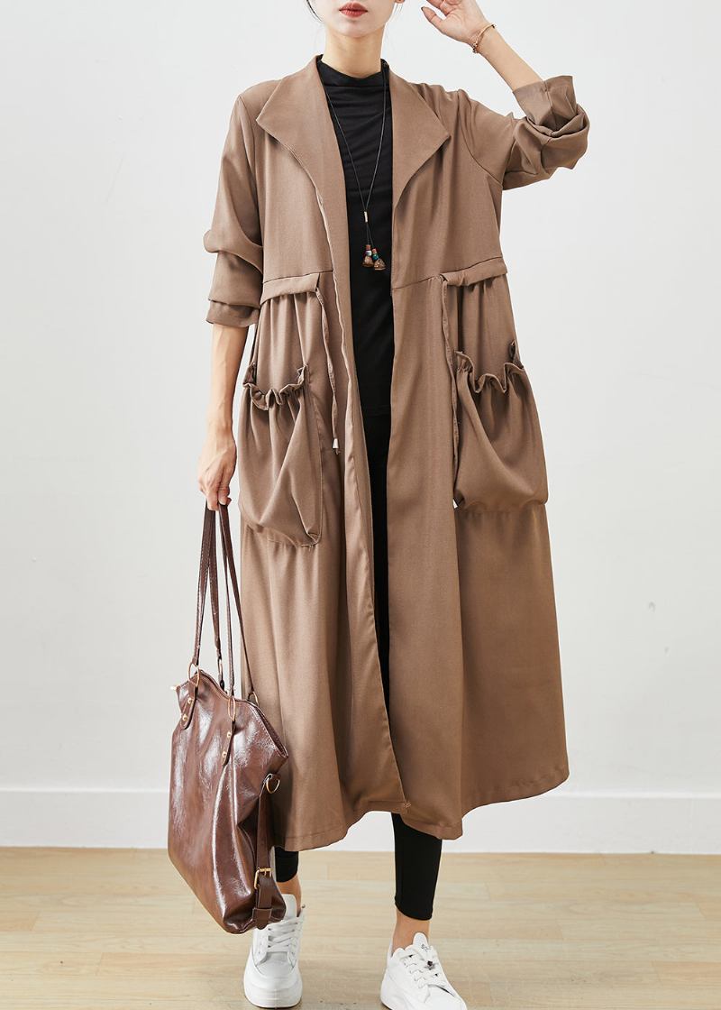 Einfacher Kaffee Cinched Rüschen Taschen Baumwollmantel Herbst - Damen-Trenchcoats