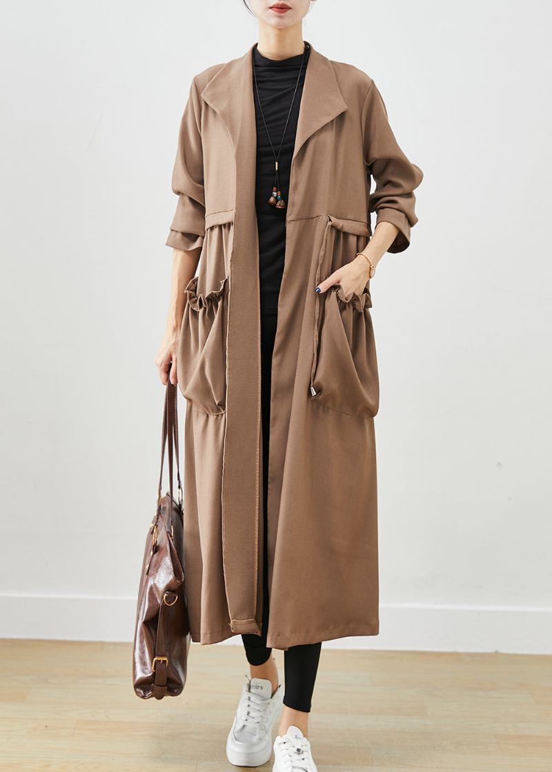 Einfacher Kaffee Cinched Rüschen Taschen Baumwollmantel Herbst - Damen-Trenchcoats