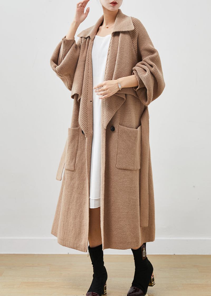 Einfacher Khakifarbener Übergroßer Strick-trenchcoat Mit Taschen Für Den Frühling - Damen-Trenchcoats