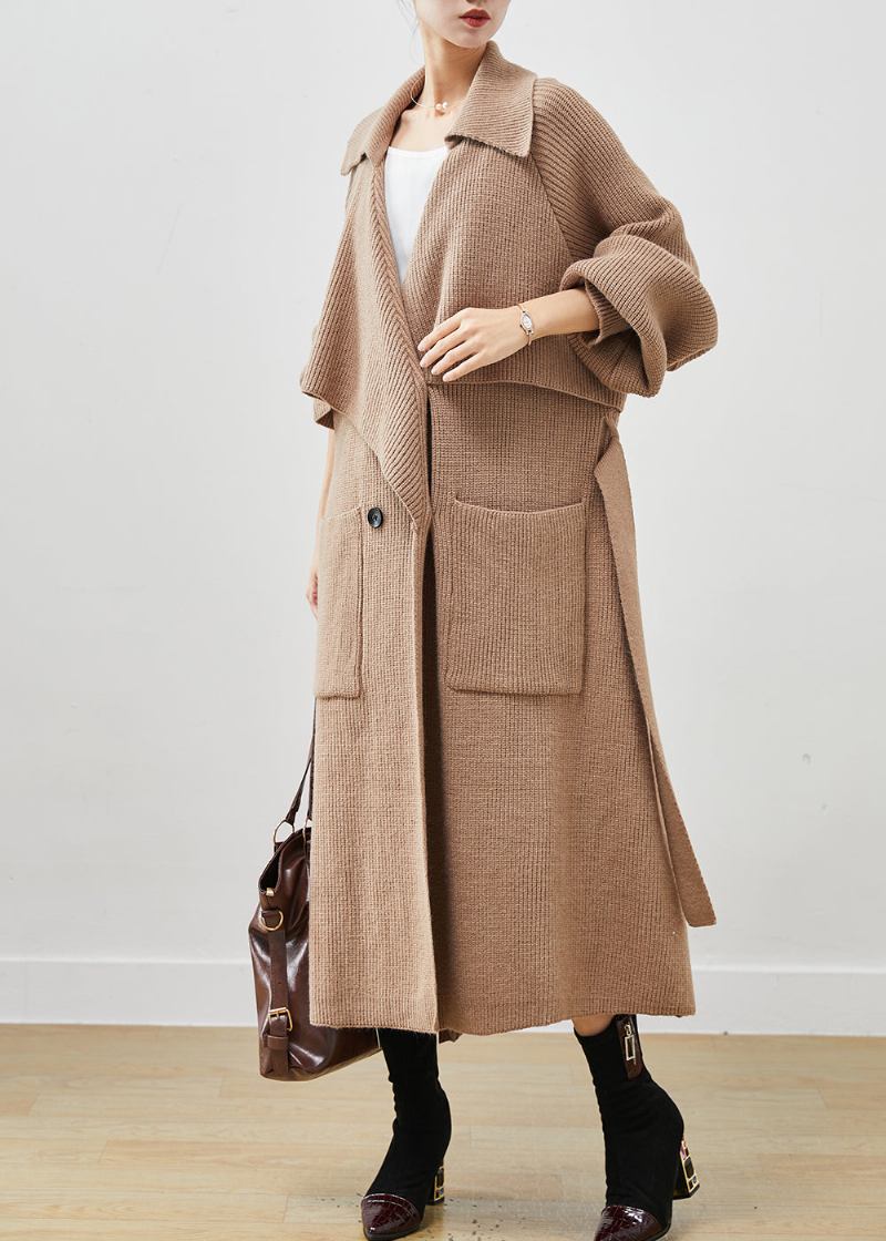 Einfacher Khakifarbener Übergroßer Strick-trenchcoat Mit Taschen Für Den Frühling - Damen-Trenchcoats