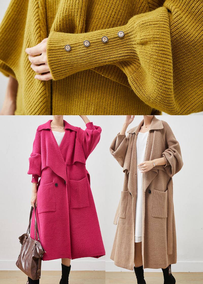 Einfacher Khakifarbener Übergroßer Strick-trenchcoat Mit Taschen Für Den Frühling - Damen-Trenchcoats