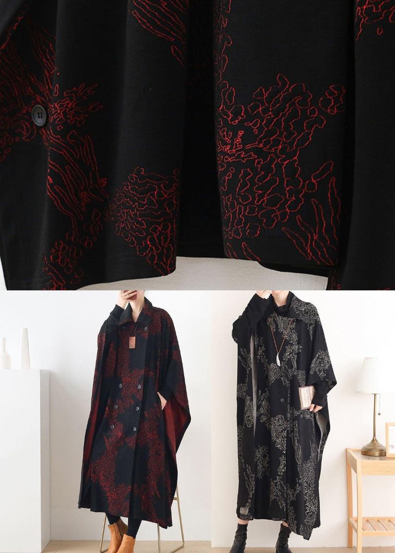 Einfacher Roter Druck Asymmetrisches Design Knopfmantel Lang - Schwarz