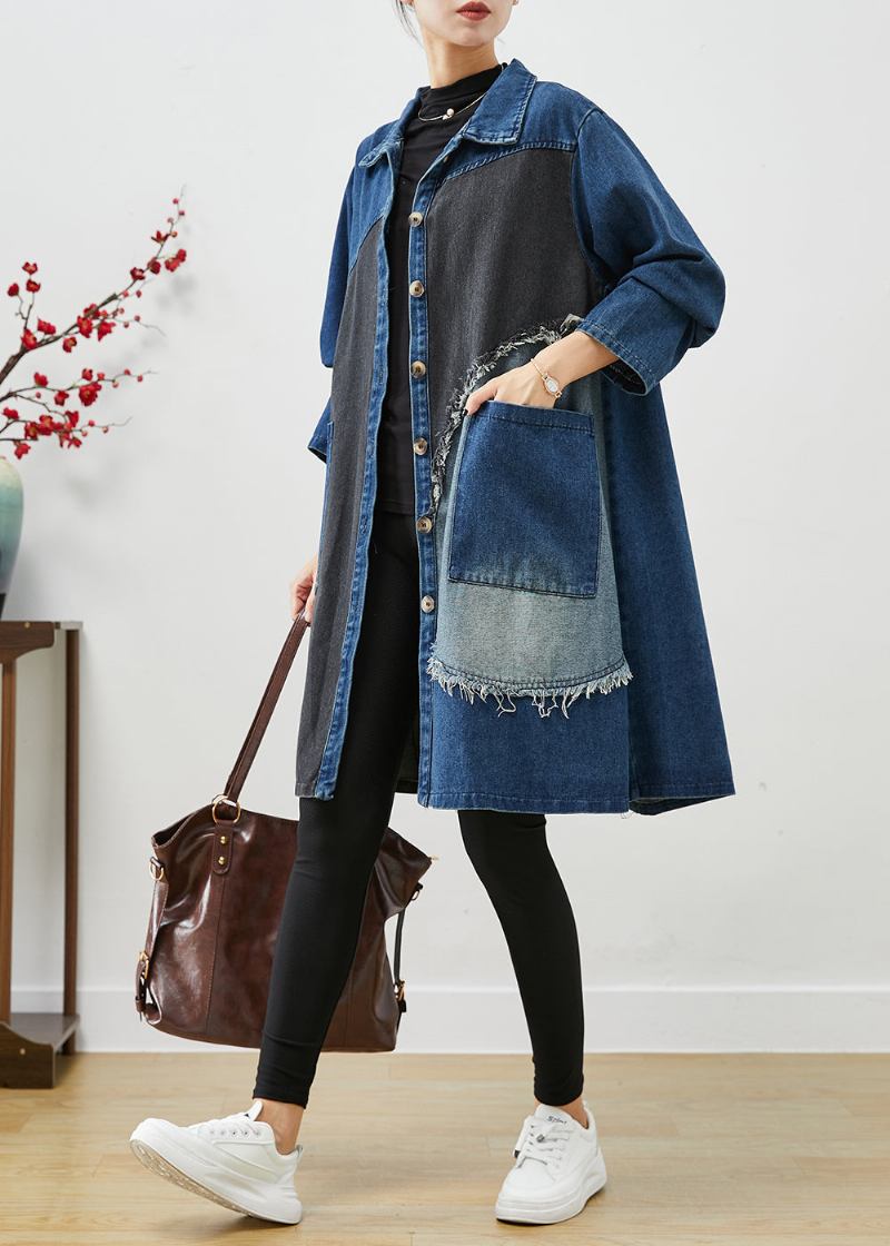 Einzigartige Blaue Asymmetrische Patchwork Denim Trenchcoats Herbst