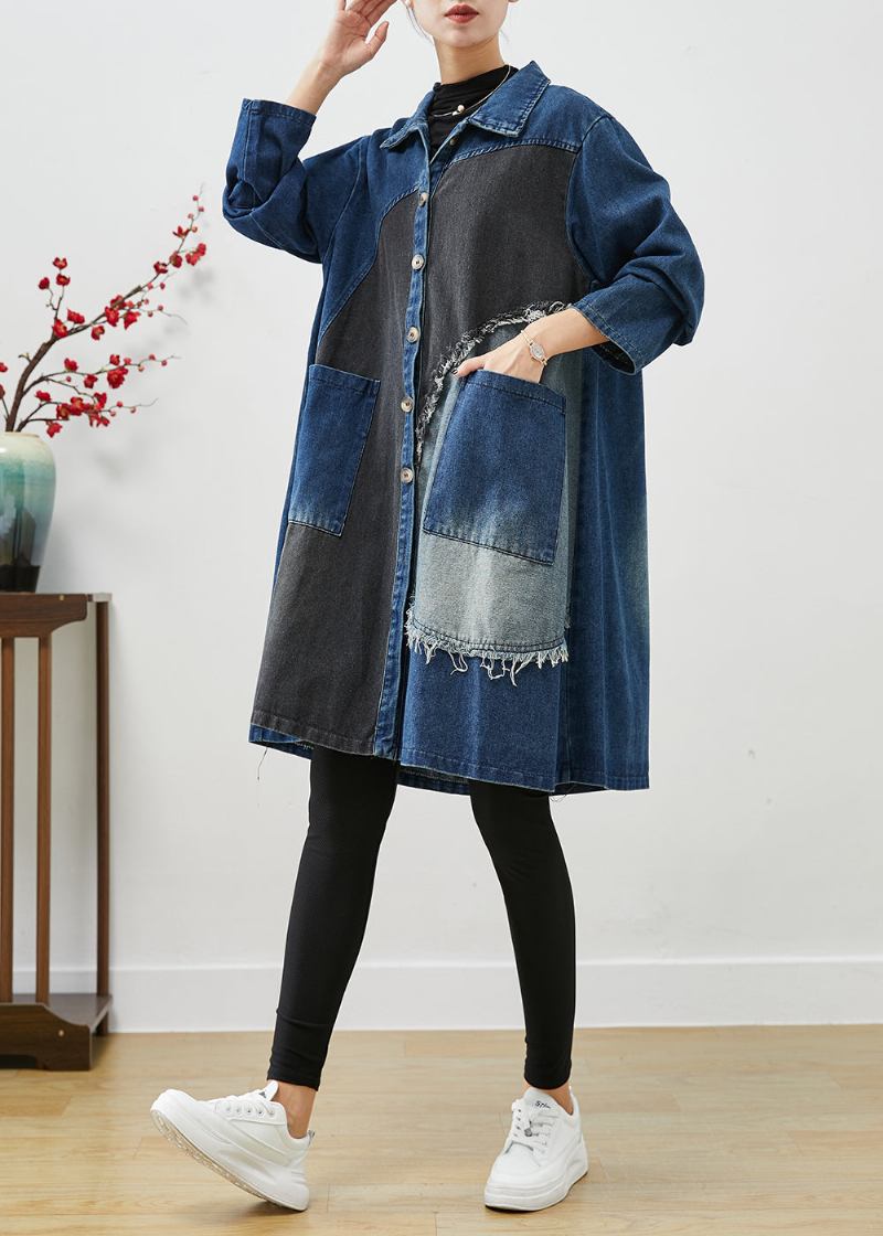 Einzigartige Blaue Asymmetrische Patchwork Denim Trenchcoats Herbst - Damen-Trenchcoats