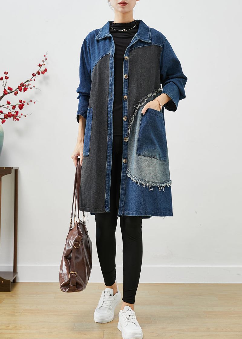 Einzigartige Blaue Asymmetrische Patchwork Denim Trenchcoats Herbst - Damen-Trenchcoats