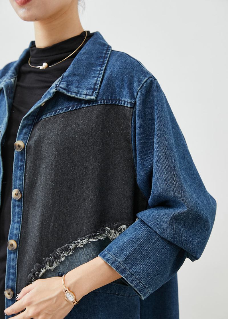 Einzigartige Blaue Asymmetrische Patchwork Denim Trenchcoats Herbst - Damen-Trenchcoats