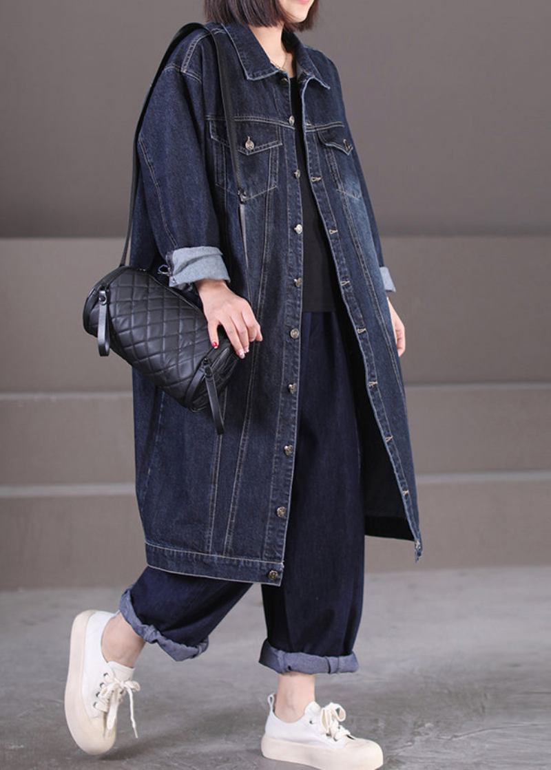 Einzigartige Dunkelblau Peter Pan Kragen Taschen Patchwork Knopf Denim Langen Trenchcoat Herbst - Damen-Trenchcoats