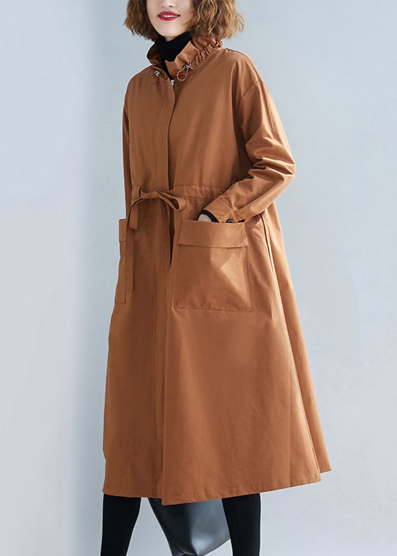 Einzigartige Karamell Stehkragen Schnürung Patchwork Baumwolle Trenchcoats Herbst - Damen-Trenchcoats