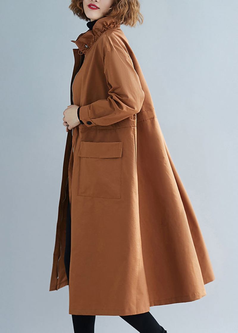 Einzigartige Karamell Stehkragen Schnürung Patchwork Baumwolle Trenchcoats Herbst - Damen-Trenchcoats