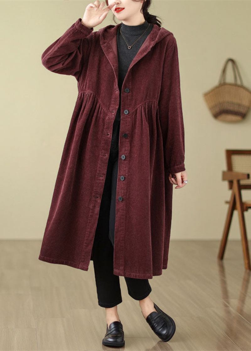 Einzigartige Mulberry Patchwork Wrinkled Button Cord Kapuzen Trenchcoats Herbst