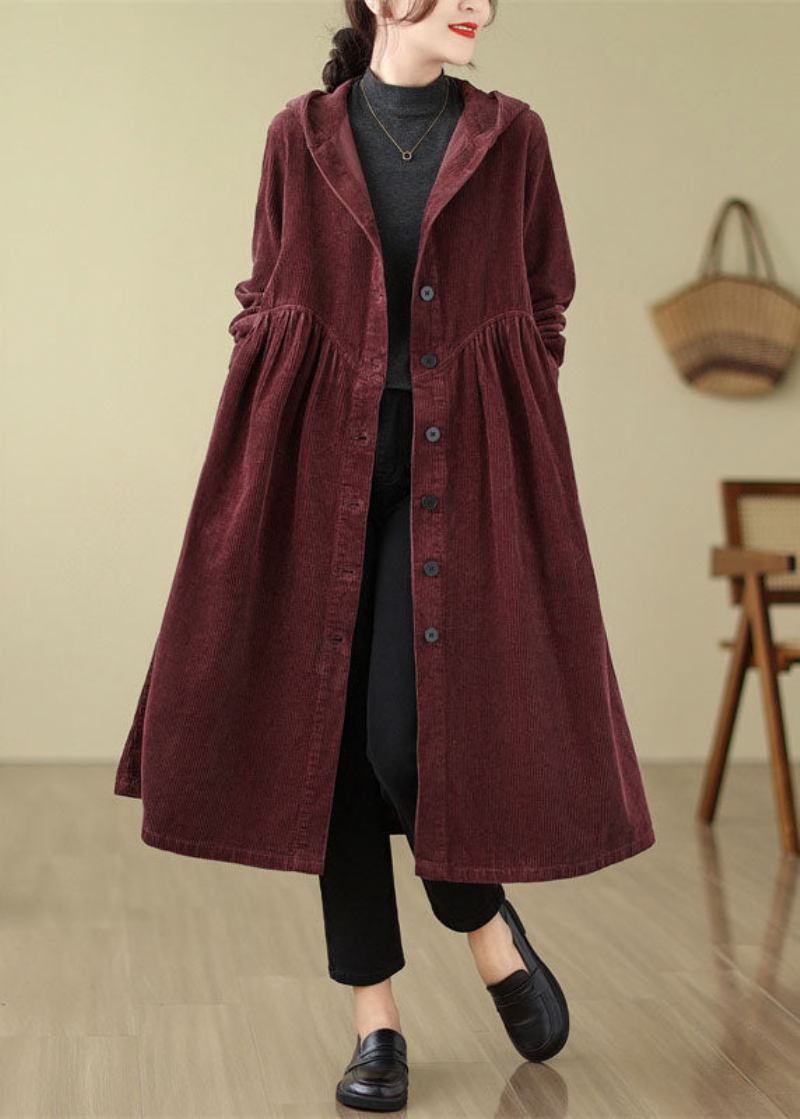 Einzigartige Mulberry Patchwork Wrinkled Button Cord Kapuzen Trenchcoats Herbst - Maulbeere