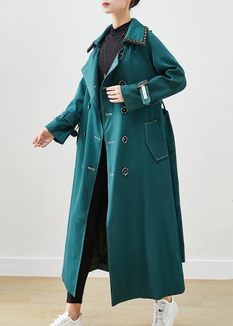 Elegante Blacksih Grün Doppel Brust Taschen Baumwolle Mäntel Herbst - Damen-Trenchcoats