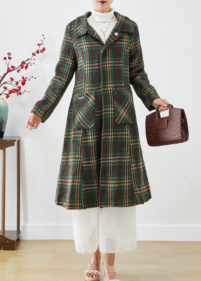 Elegante Grüne Peter Pan Kragen Plaid Taschen Wolle Trenchcoat Herbst - Damen-Trenchcoats