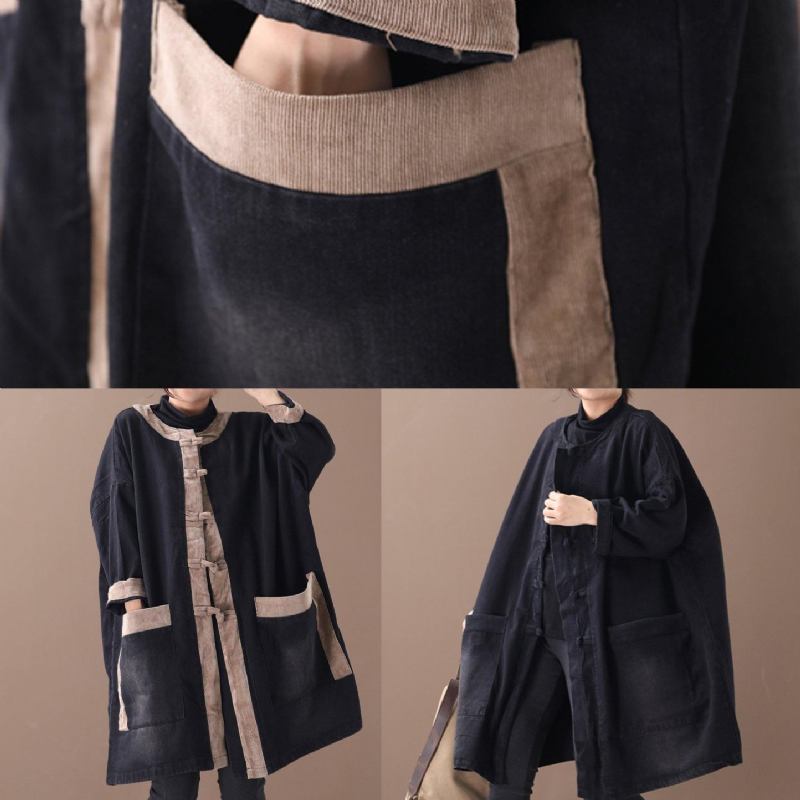 Elegante Kapuze Chinesischen Knopf Mode Kleidung Denim Schwarz Patchwork Khaki Plus Größe Mäntel - Schwarz