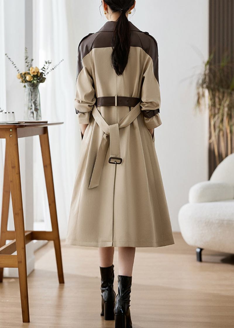 Elegante Khaki Peter Pan Kragen Taschen Patchwork Kunstleder Trenchcoat Herbst - Damen-Trenchcoats