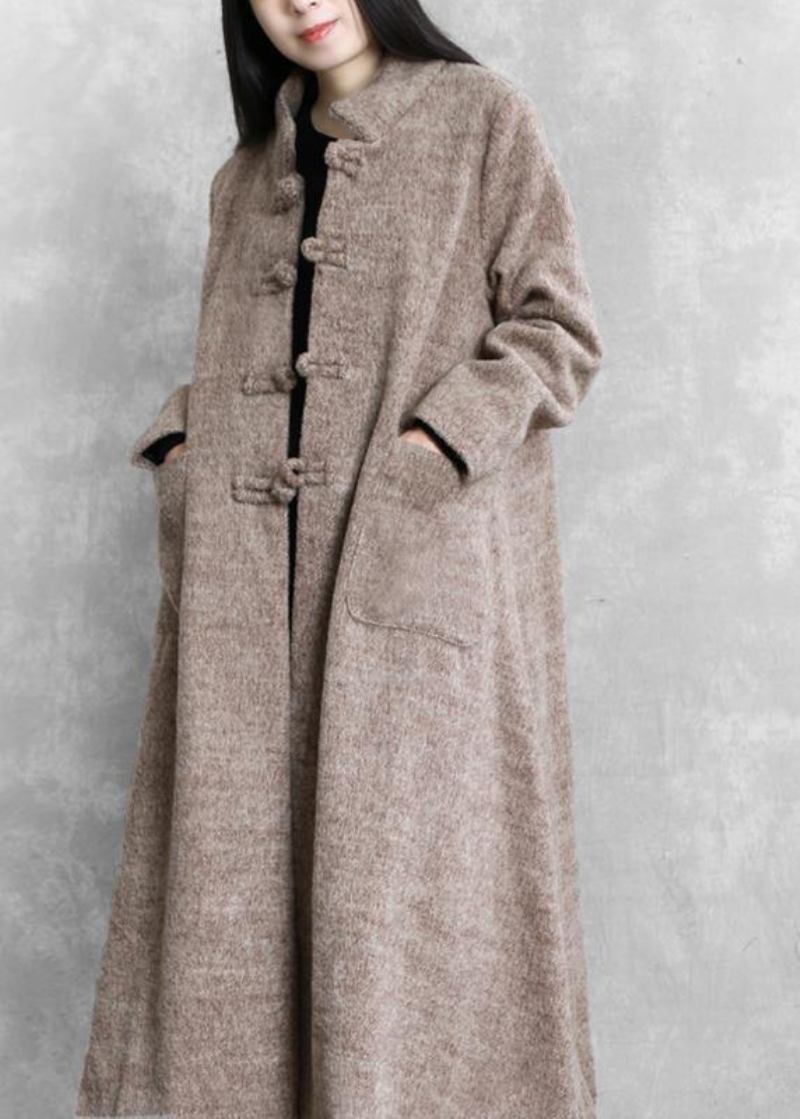 Elegante Lange Jacken In Übergröße Für Damen Khakifarbener Stehkragen Wollmäntel Mit Großem Saum - Damen-Trenchcoats