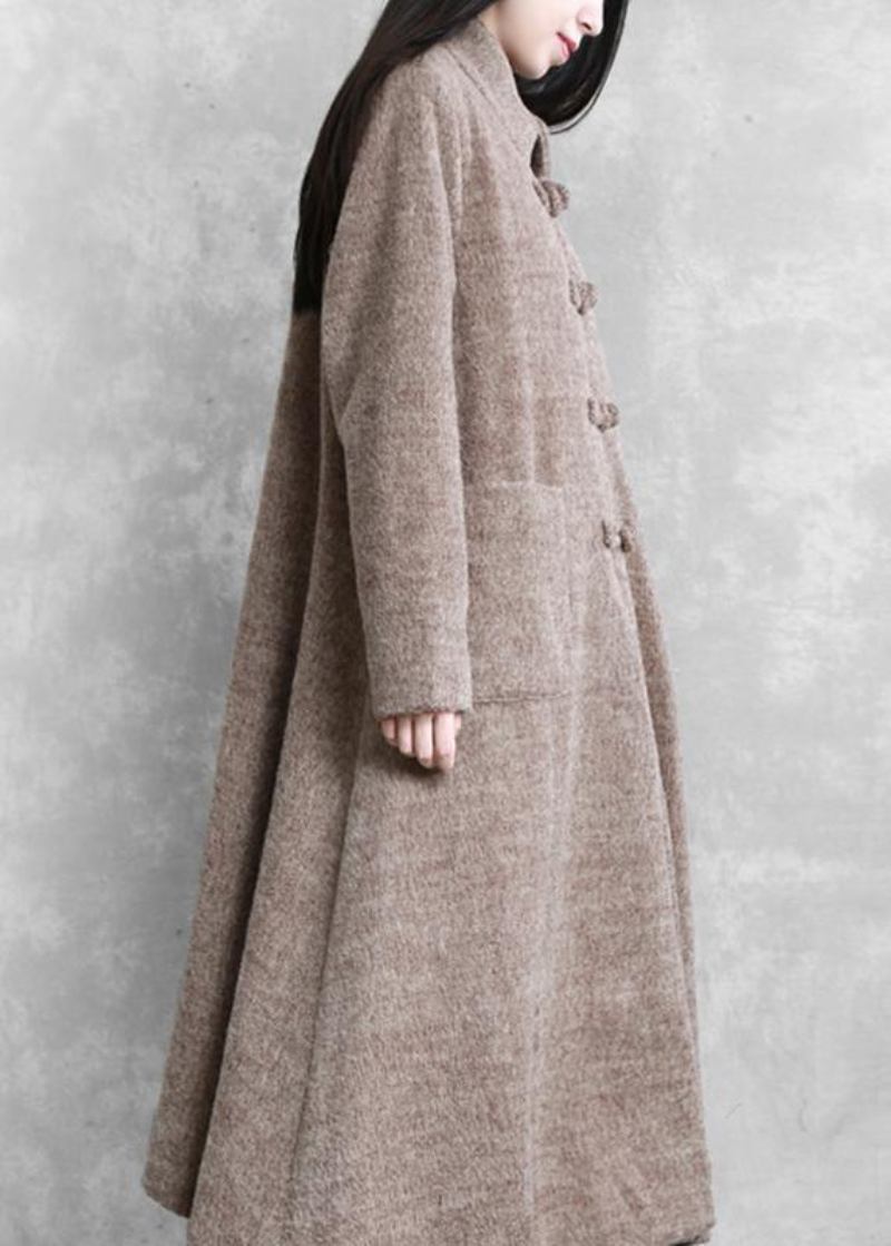 Elegante Lange Jacken In Übergröße Für Damen Khakifarbener Stehkragen Wollmäntel Mit Großem Saum - Damen-Trenchcoats