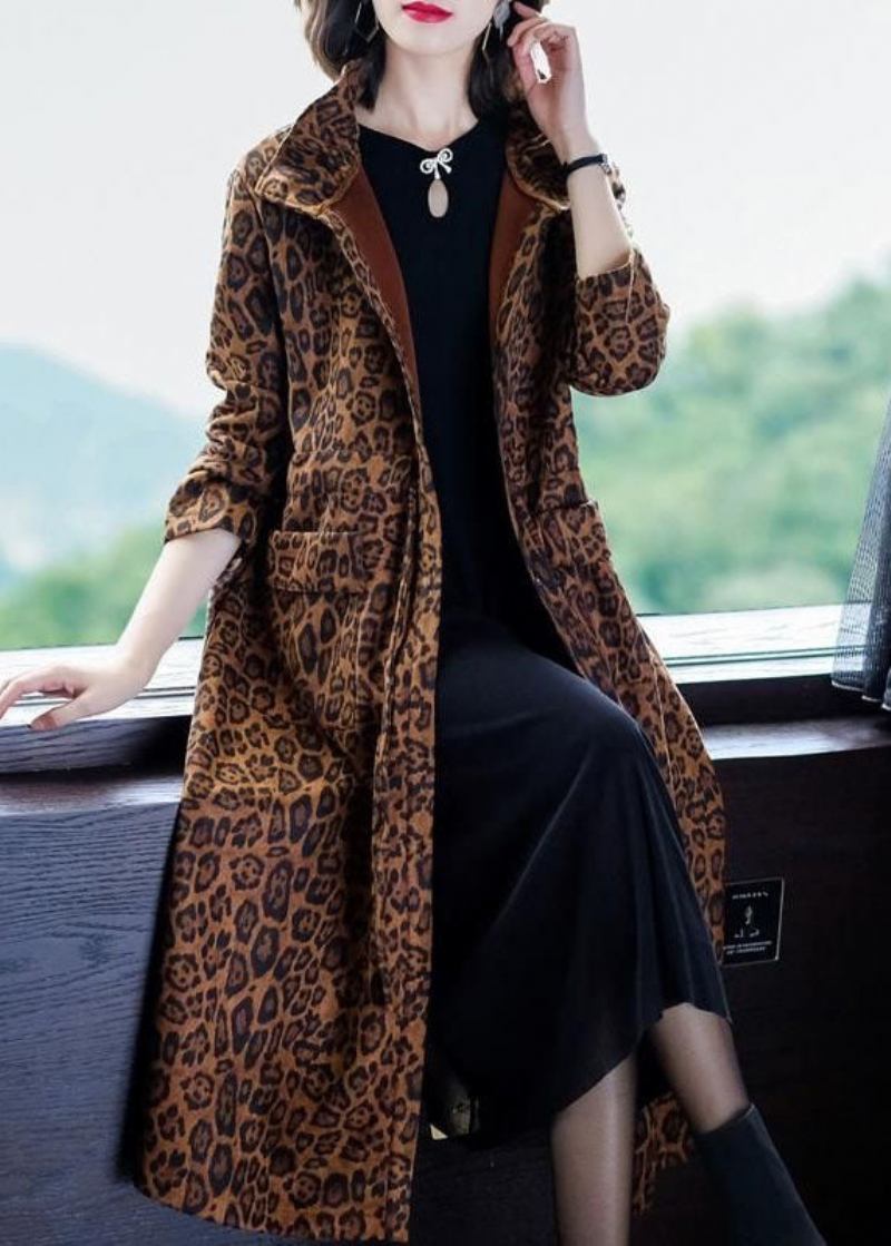 Elegante Leopard Taschen Patchwork Warme Fleece Trenchcoat Winter