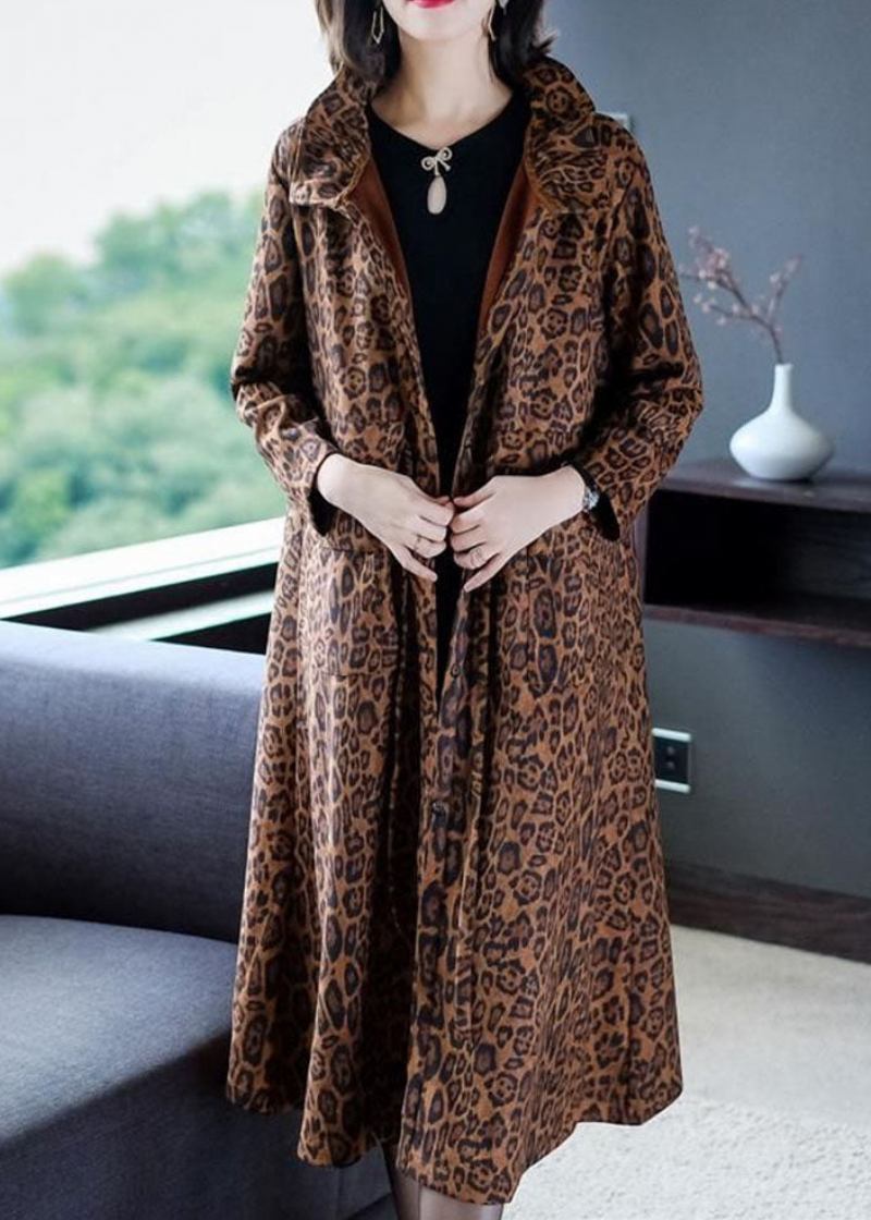 Elegante Leopard Taschen Patchwork Warme Fleece Trenchcoat Winter - Damen-Trenchcoats