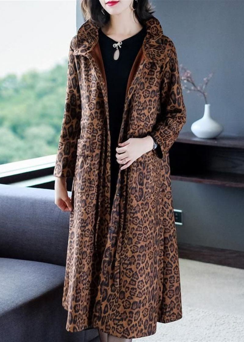 Elegante Leopard Taschen Patchwork Warme Fleece Trenchcoat Winter - Damen-Trenchcoats