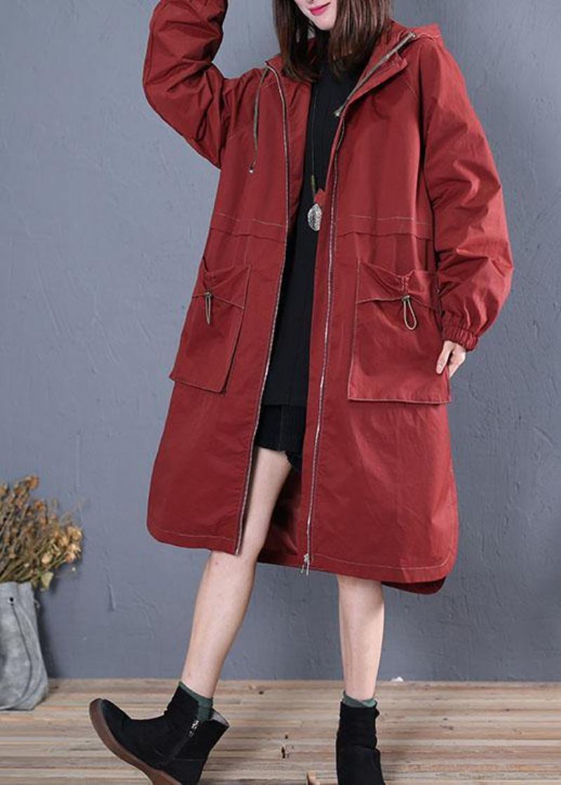 Elegante Locker Sitzende Lange Jacken Herbst Jacke Rot Seite Offene Kapuze Mantel Frauen