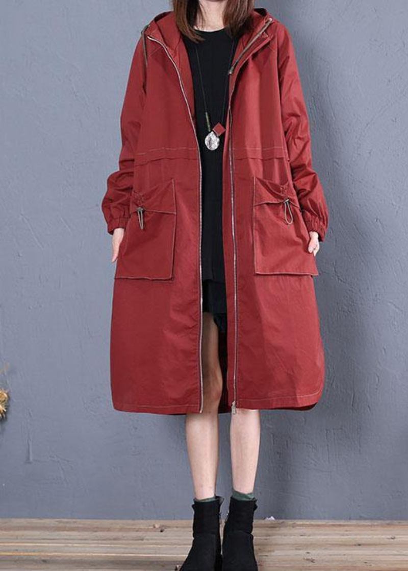 Elegante Locker Sitzende Lange Jacken Herbst Jacke Rot Seite Offene Kapuze Mantel Frauen - Damen-Trenchcoats