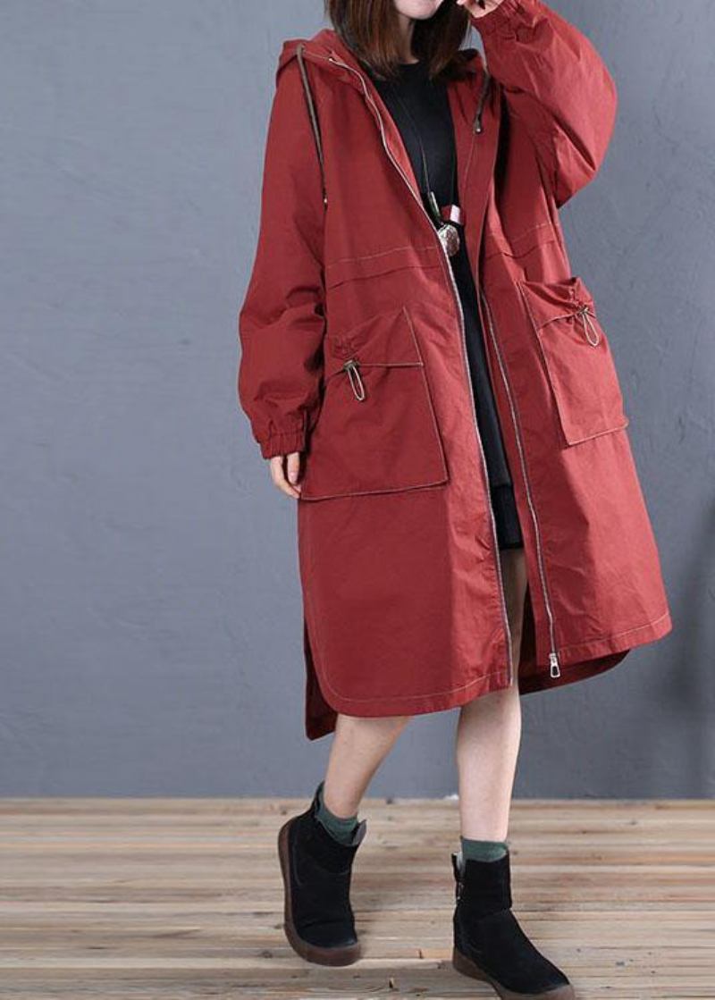 Elegante Locker Sitzende Lange Jacken Herbst Jacke Rot Seite Offene Kapuze Mantel Frauen - Damen-Trenchcoats