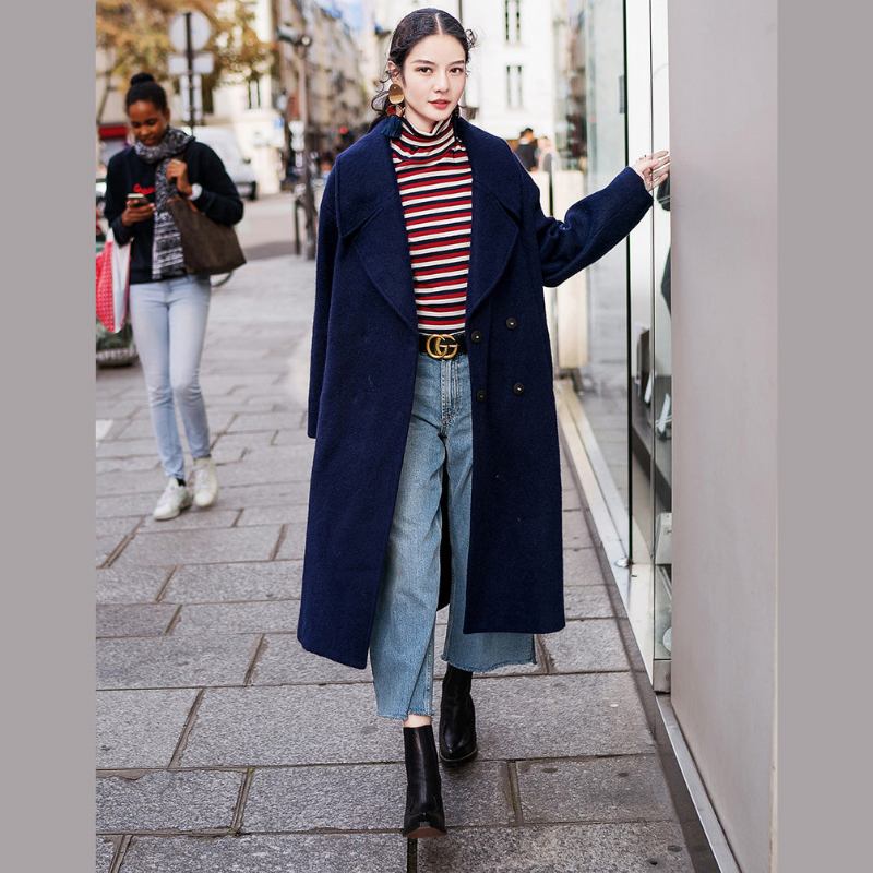 Elegante Marineblaue Mäntel In Übergröße Eingeschnittener Maximantel Eleganter Zweireihiger Mantel Mit Taschen - Damen-Trenchcoats