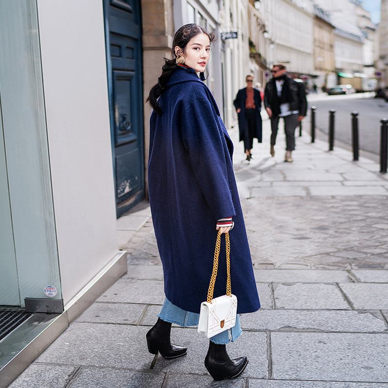 Elegante Marineblaue Mäntel In Übergröße Eingeschnittener Maximantel Eleganter Zweireihiger Mantel Mit Taschen - Damen-Trenchcoats