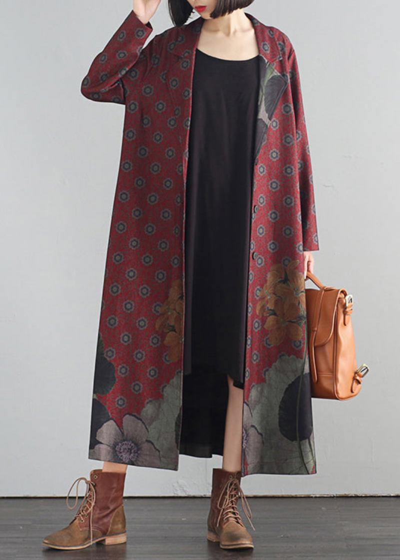 Elegante Rote V-ausschnitt Print Button Maxi Trenchcoats Herbst