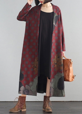 Elegante Rote V-ausschnitt Print Button Maxi Trenchcoats Herbst